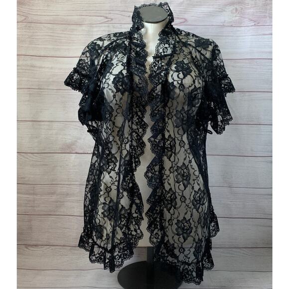 Vintage Shirley of Hollywood Black Sheer Floral Lace Cardigan Robe Cover Up OSFM - Picture 1 of 16